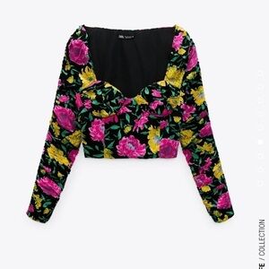 Zara Women's Long Sleeve Floral Crop Top Size XS